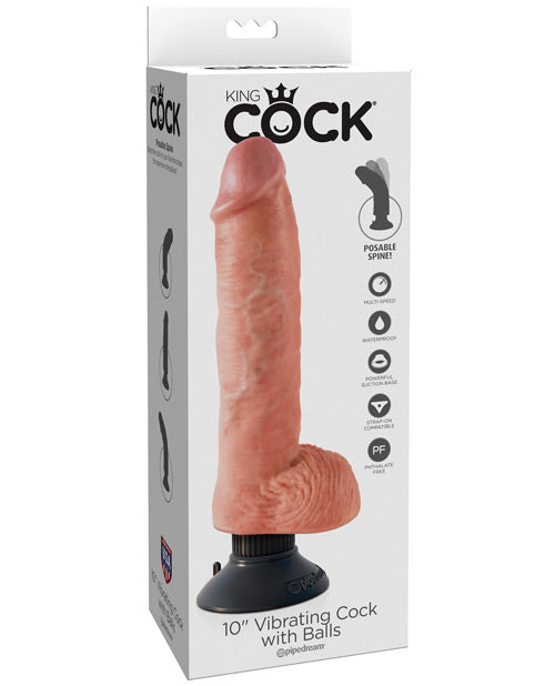 King Cock 10" Big Dildo | Flesh Vibrating Dildo with Balls | Suction Cup Dildo | Large Dildo