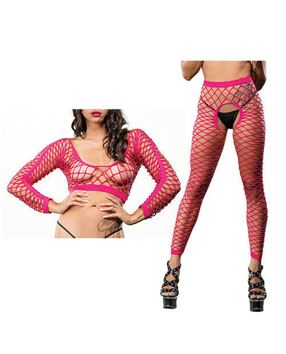 Beverly Hills Naughty Girl Crotchless All Over Mesh Leggings Pink O/S