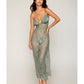 Eyelash Lace & Satin Long Chemise w/G-String - Sage Green SM