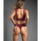 Domina Sheer Mesh & Vegan Leather 3 pc Set w/Crotchless Panty & Handcuffs - Burgundy L/XL