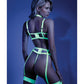 Glow Black Light Embroidered Harness Bra, Leg Garterbelt & G-String Neon Chartreuse L/XL