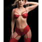 Strappy Underwire Bra, High Waist Boyshort & Stockings Red O/S