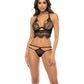 Lace Long Line Underwire Bra w/Removable Skirt & Thong Panty Black L/XL