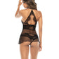 Lace Long Line Underwire Bra w/Removable Skirt & Thong Panty Black S/M
