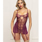 Metallic Lace with Mesh Gartered Chemise & Thong - Plum XL